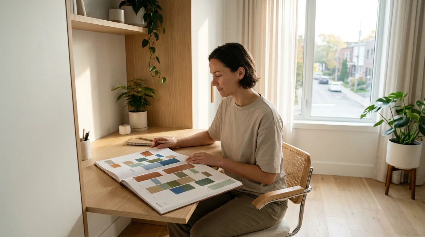 Person reviewing a color-coded weekly planner in a minimalist, sunlit home office environment.