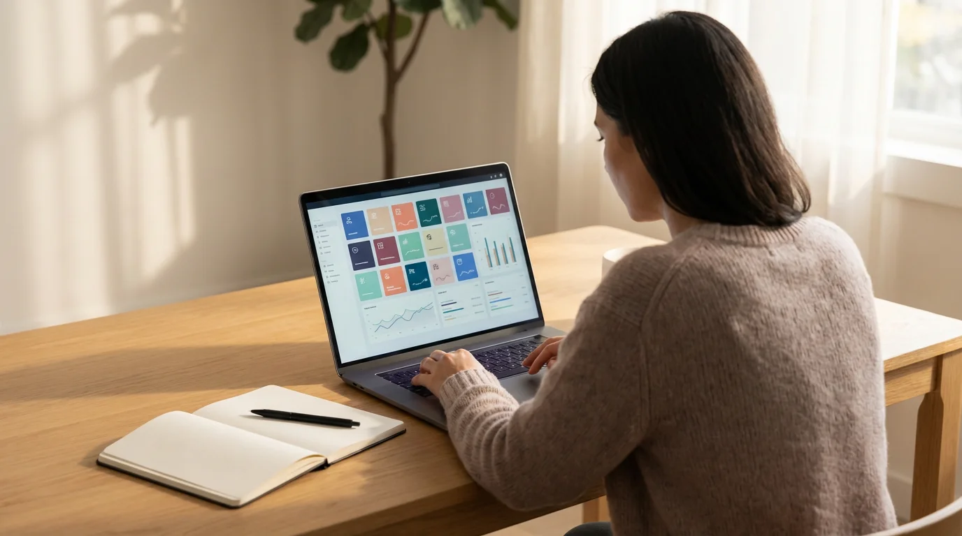 Person reviewing a complex digital file inventory on a laptop in a minimalist, sunlit office.
