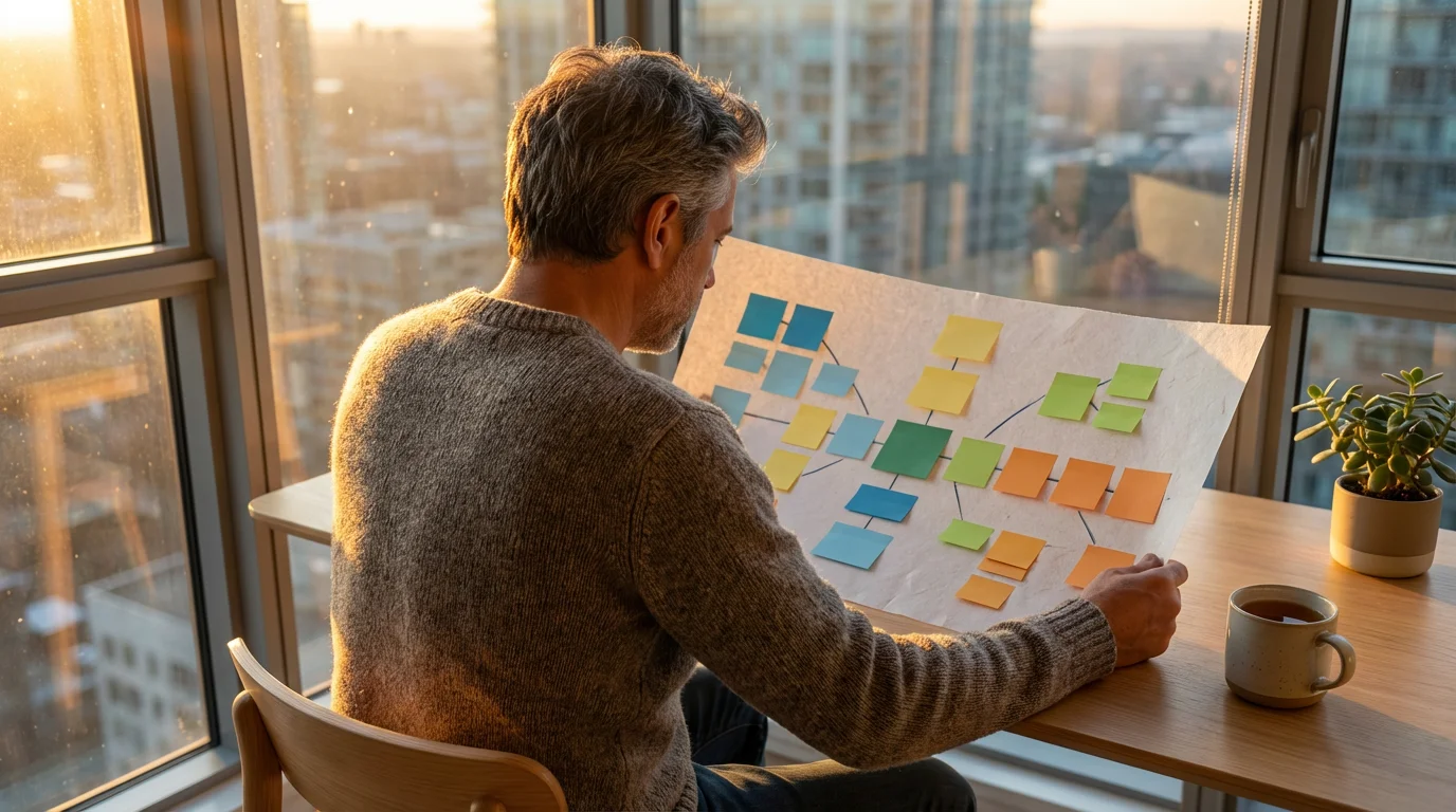 Person reviewing a visual project plan at a desk during golden hour.