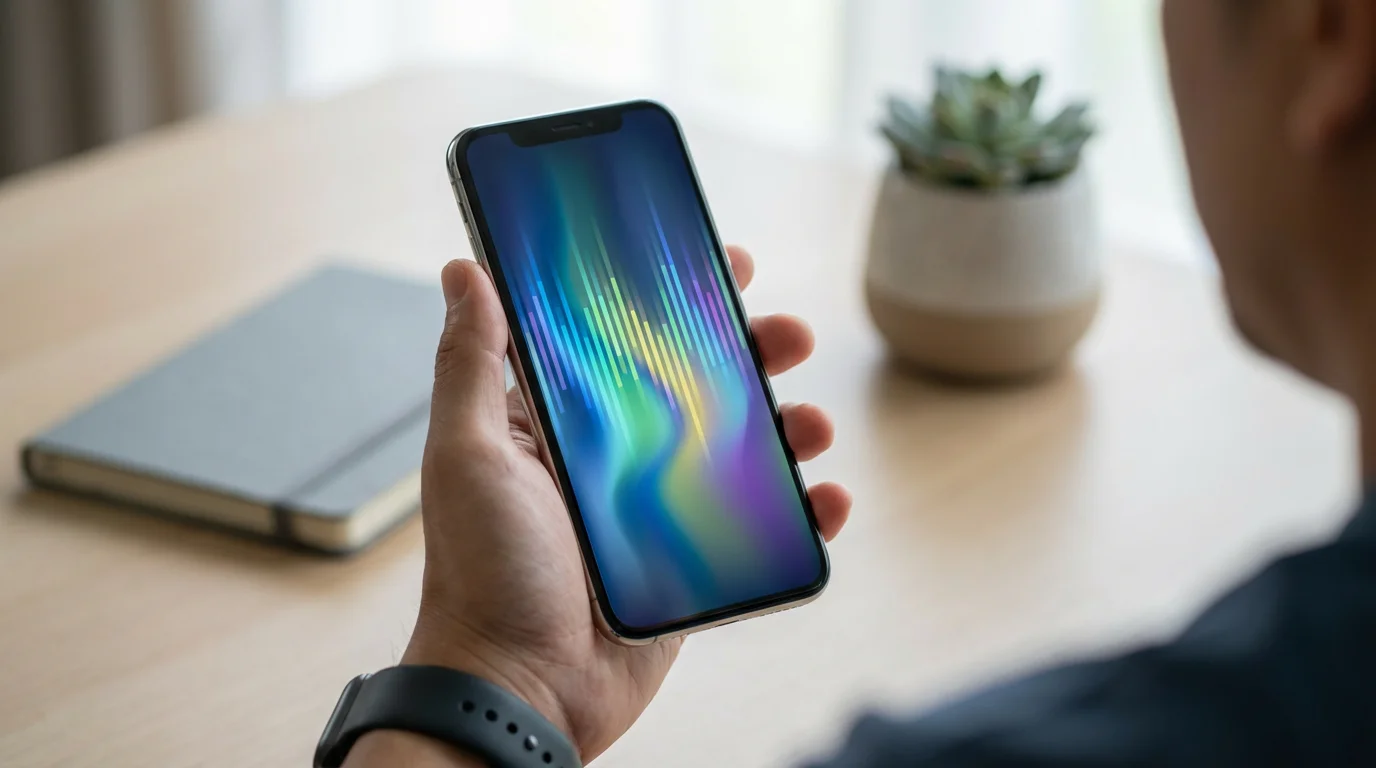 Person reviewing abstract screen time data graphs on a smartphone in a home office.