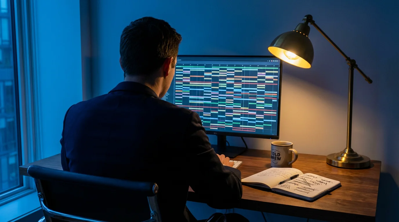 Person reviewing complex abstract timeline on monitor at desk during blue hour evening.