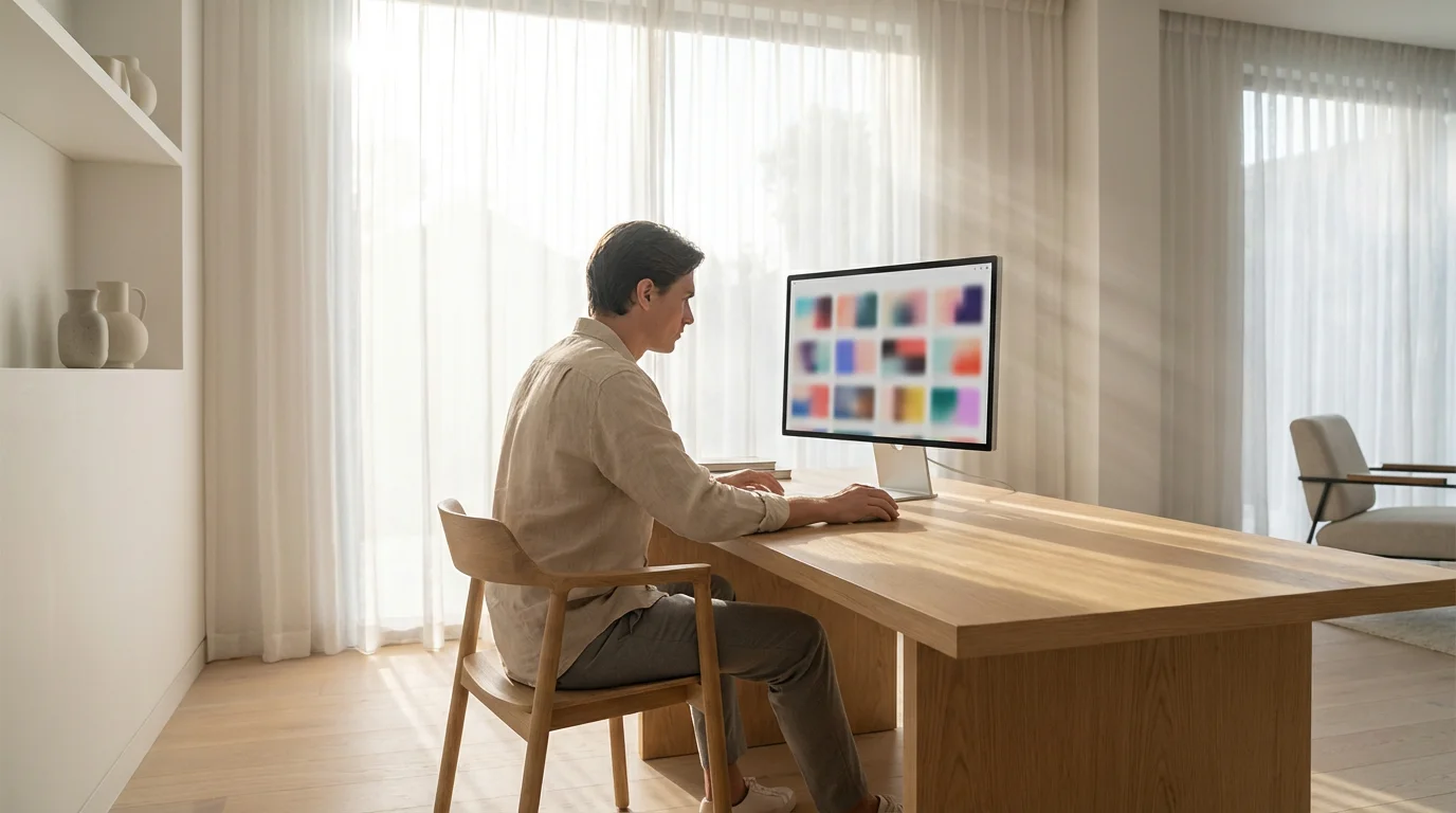 Person reviewing files on a computer in a clean, sunlit, minimalist home office.