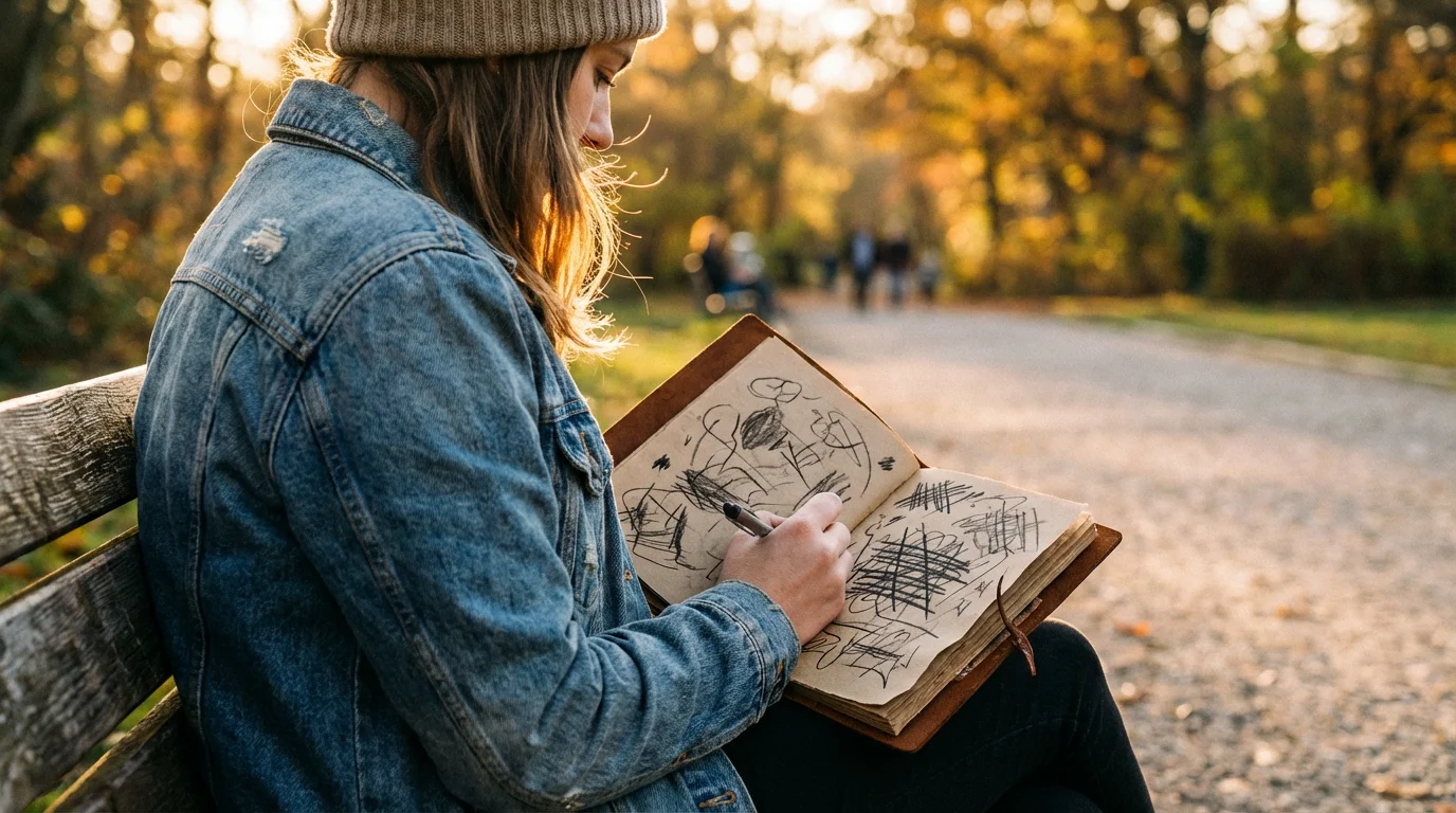 Person reviewing notes in a journal on a park bench during sunset.