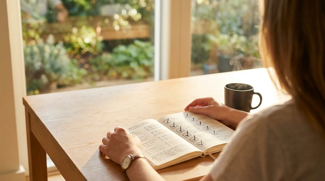 Person reviewing open planner and coffee cup at a table in bright morning light.