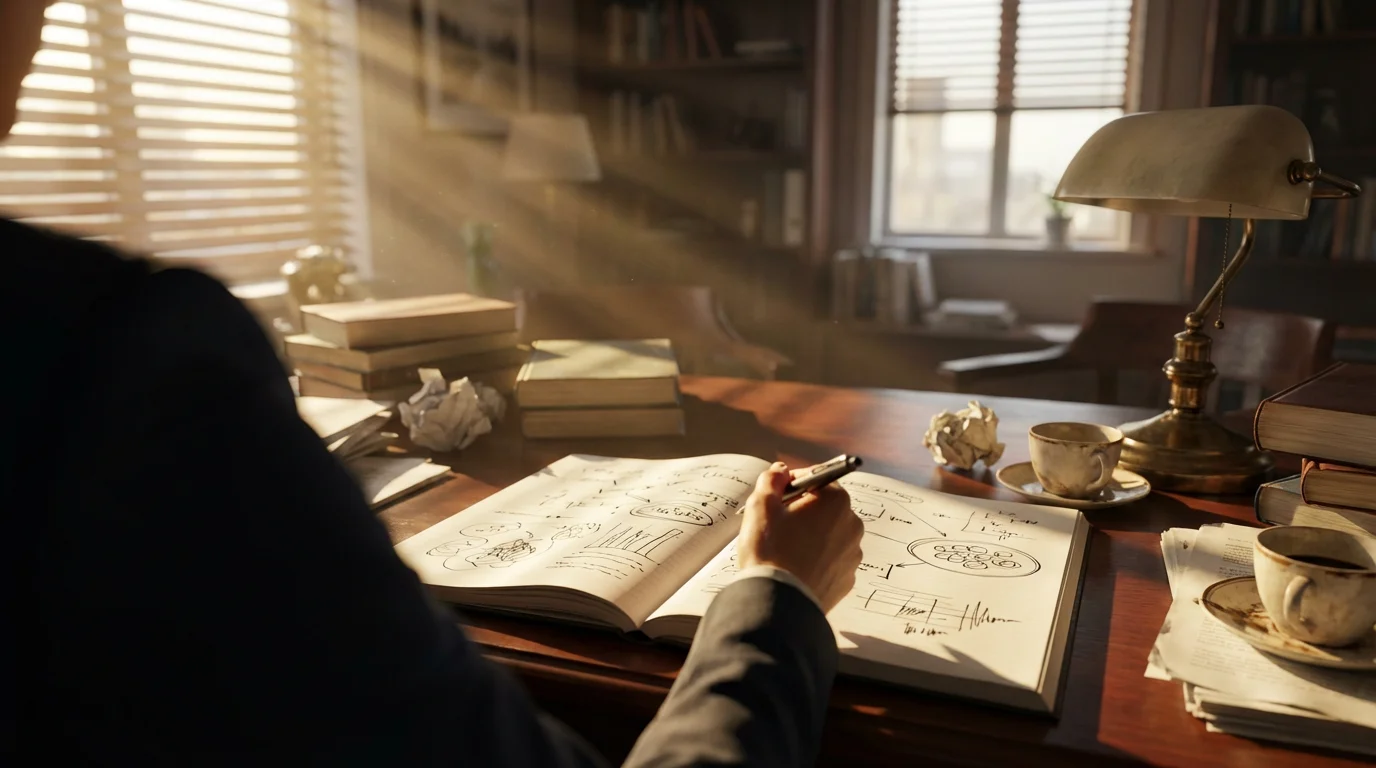Person reviewing relationship notes in a journal at a desk with dramatic afternoon shadows.