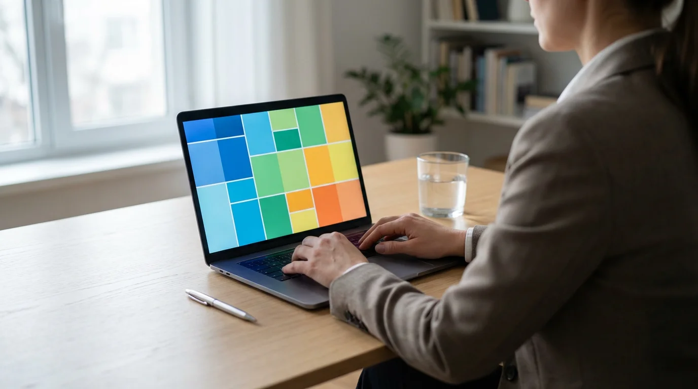 Person reviewing time-blocked digital schedule on a laptop in soft morning light.