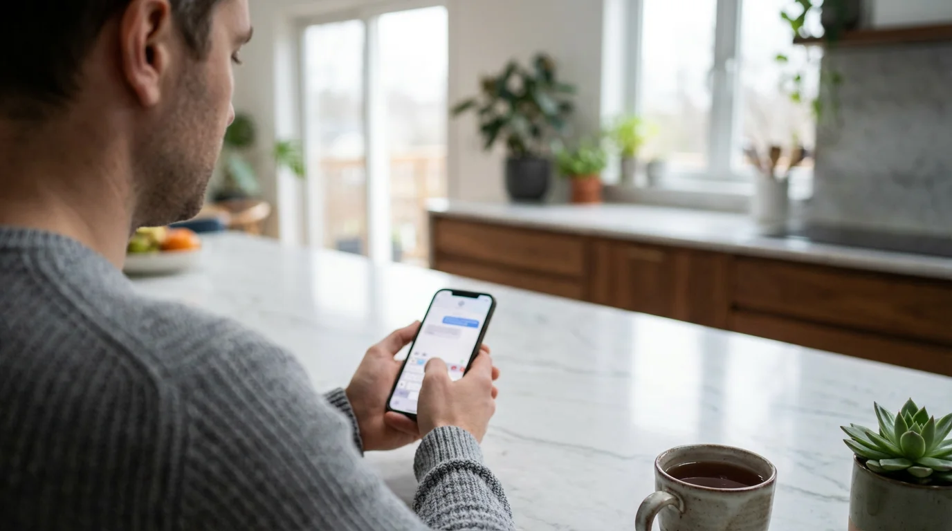 Person sending a final text message on a smartphone in a bright modern kitchen.