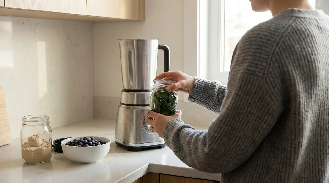 Person sets pre-portioned smoothie ingredients next to a blender on a counter as a morning habit cue.