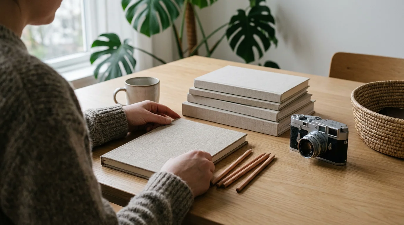 Person setting up sketchbook, books, and analog camera on a desk for digital detox.
