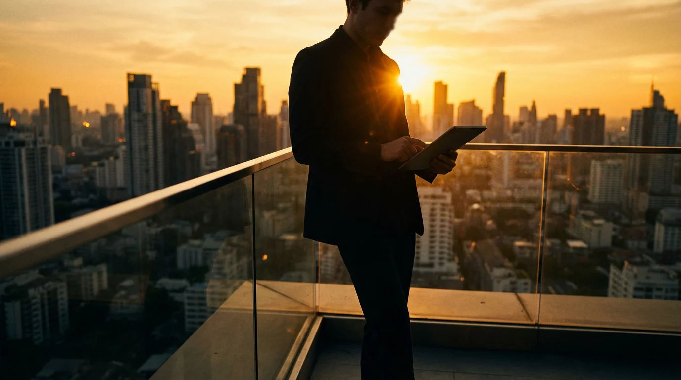 Person silhouetted against a vast city skyline at golden hour, holding a tablet, symbolizing mental overwhelm.
