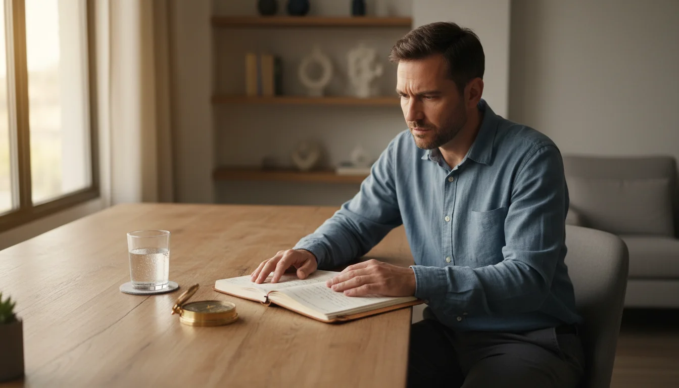 A person sits at a clean wooden desk, thoughtfully looking at an open journal. A brass compass rests on the desk.