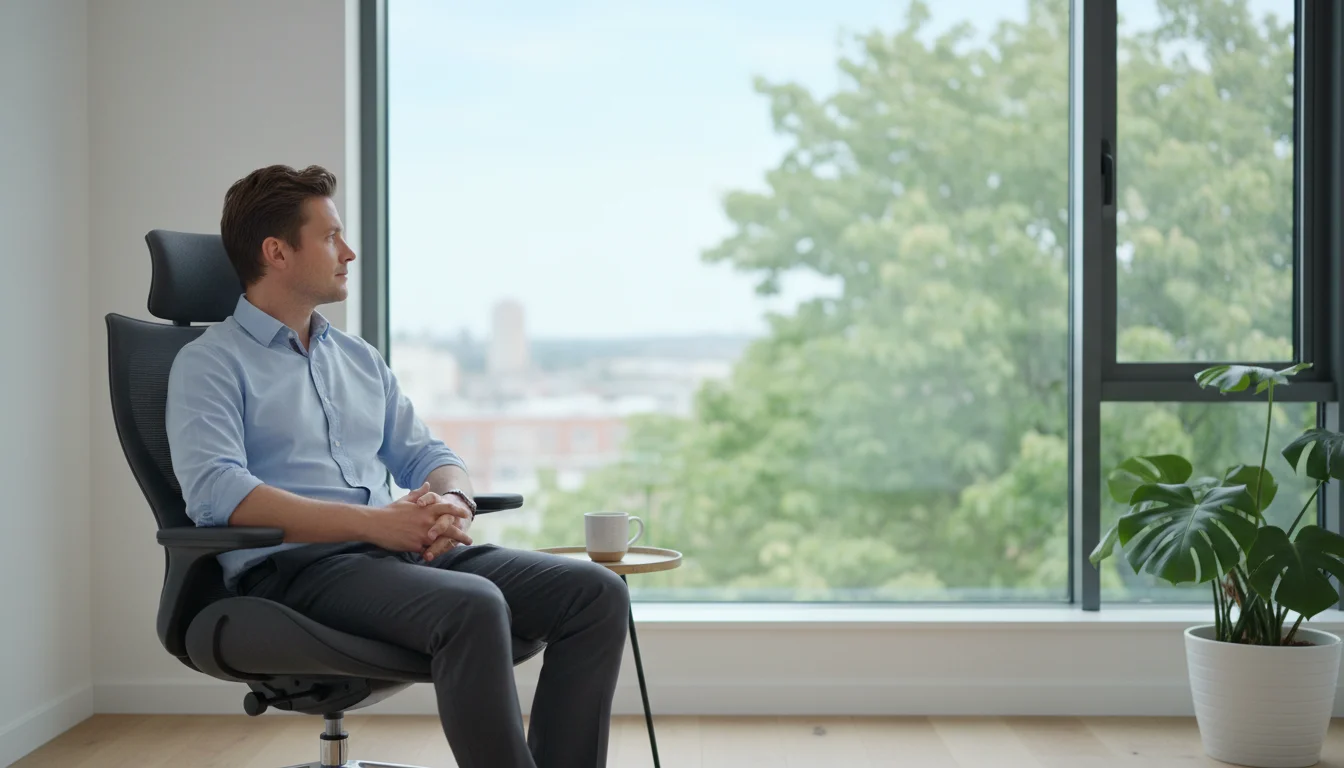 A person sits relaxed by a large window, looking out at a natural scene, disengaged from devices in a calm, uncluttered room.