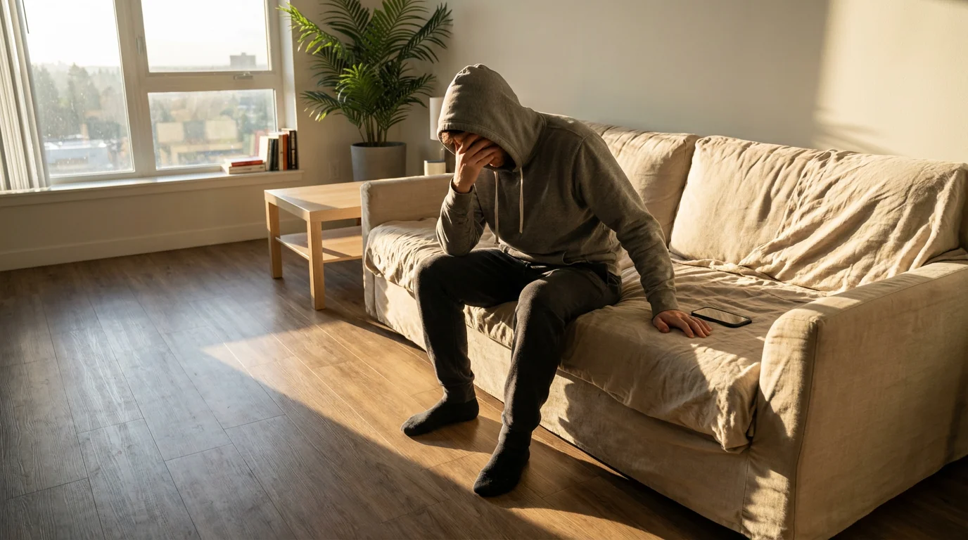 Person sits slumped on a bed, holding a phone, overwhelmed by digital exhaustion.