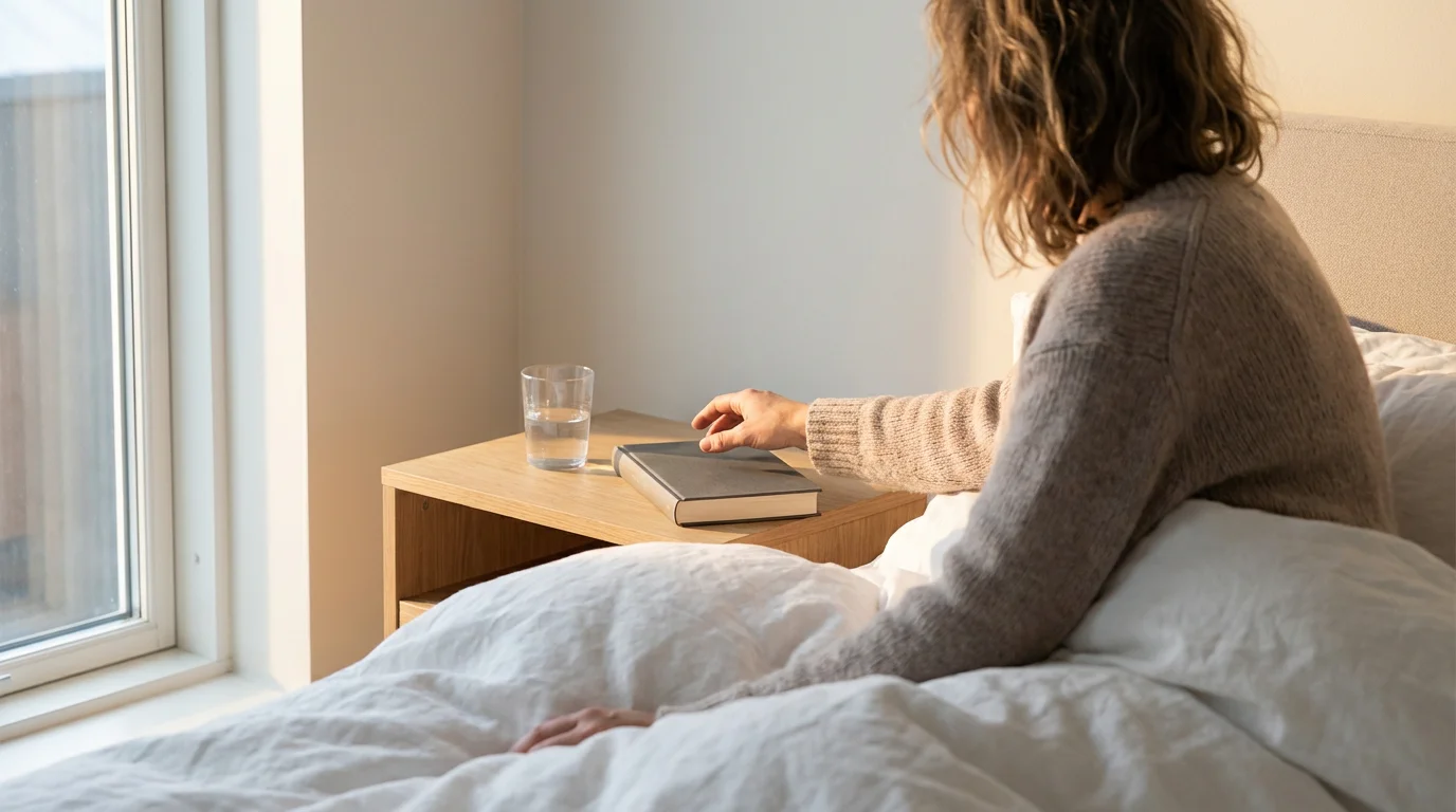Person sits up in bed reaching for a book on a nightstand during warm golden hour light.