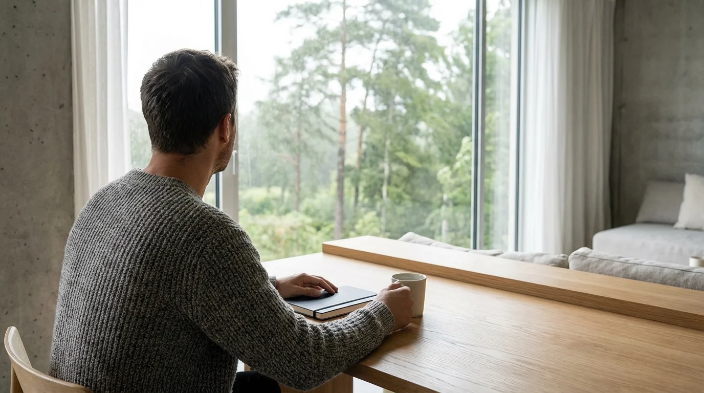 Person sitting at clean desk looking out window in quiet office setting.
