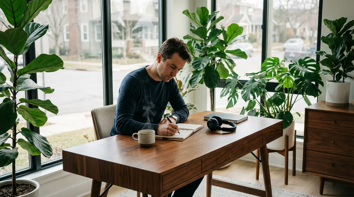 Person sitting at organized desk writing in planner with soft morning light window view