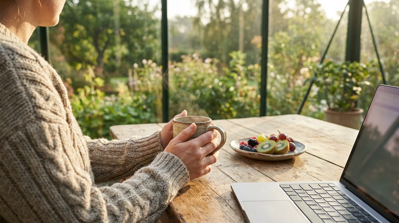 Person sitting at sunroom table with laptop and coffee in soft morning light.