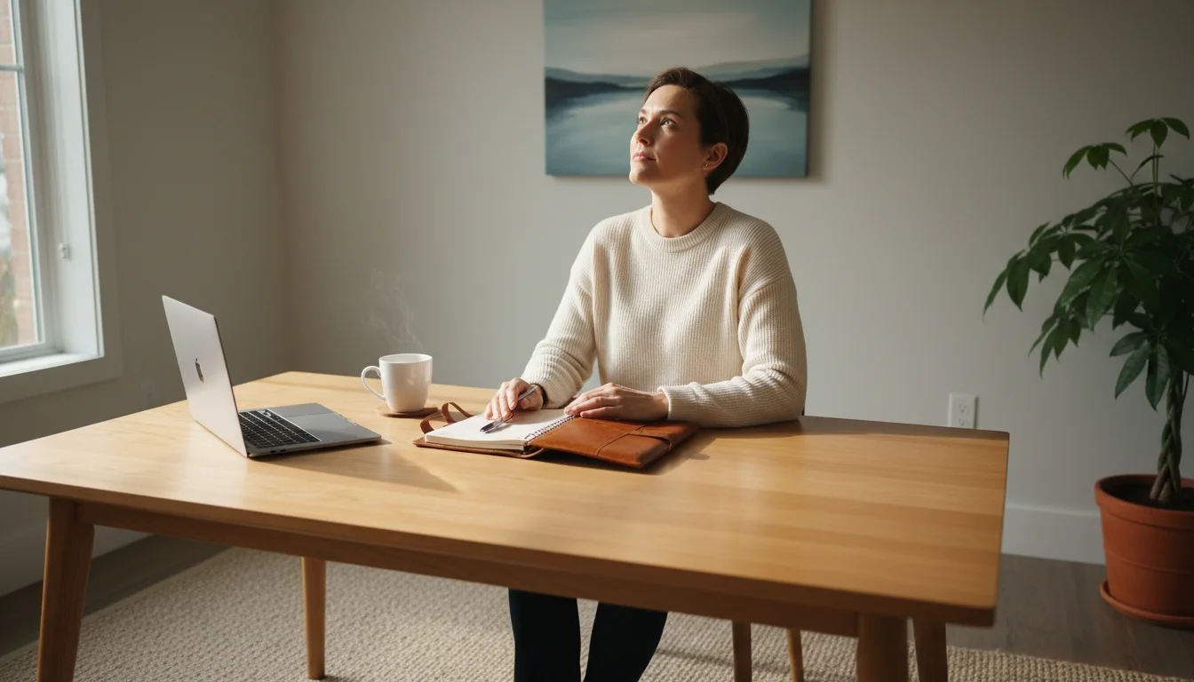 Person sitting at a clean wooden desk, thoughtfully looking up from an open planner.