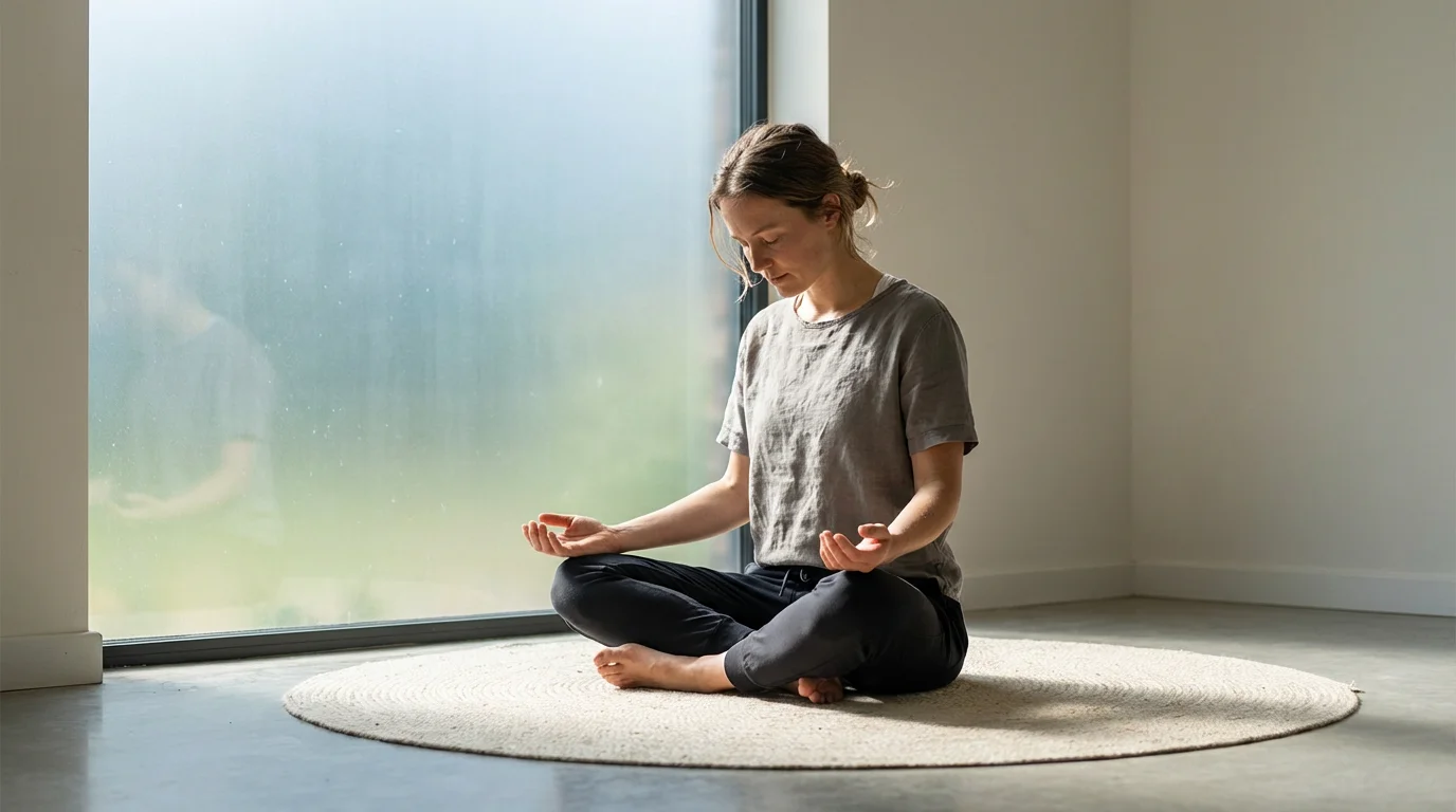 Person sitting cross-legged near a window with palms open in a gesture of self-compassion and reset.