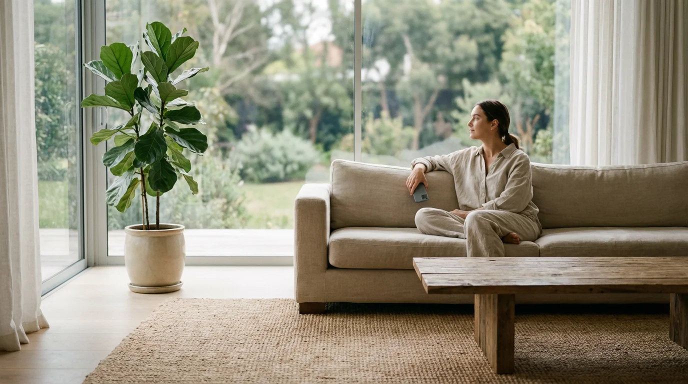 Person sitting in a sunlit living room looking out the window holding a silenced phone.