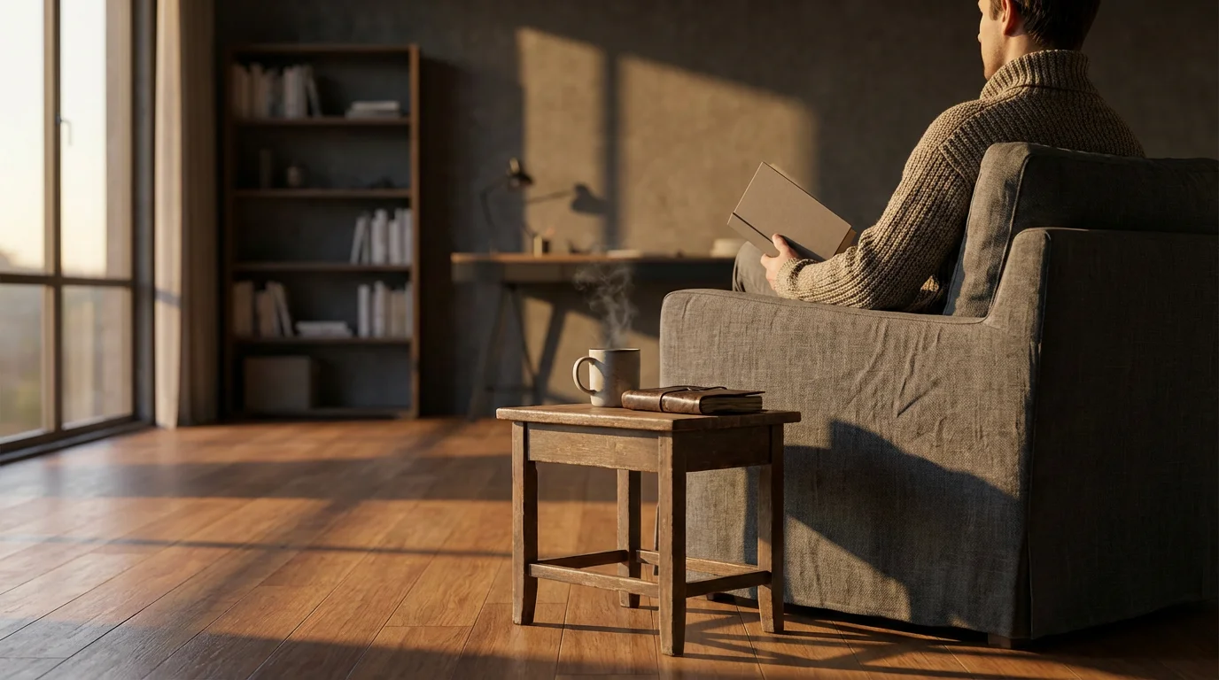 Person sitting in an armchair contemplating a closed book in moody afternoon light, emphasizing reading identity.