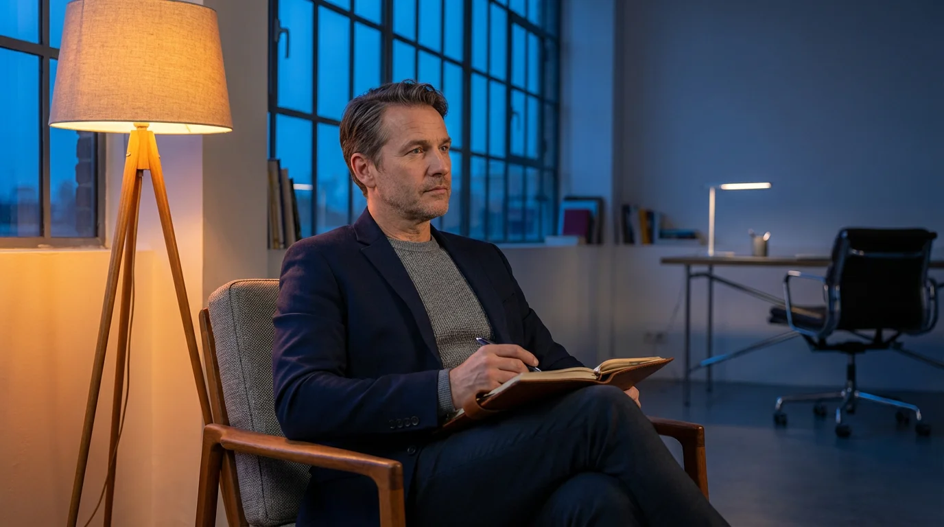 Person sitting in armchair at evening reflecting on work-life boundaries in modern apartment.