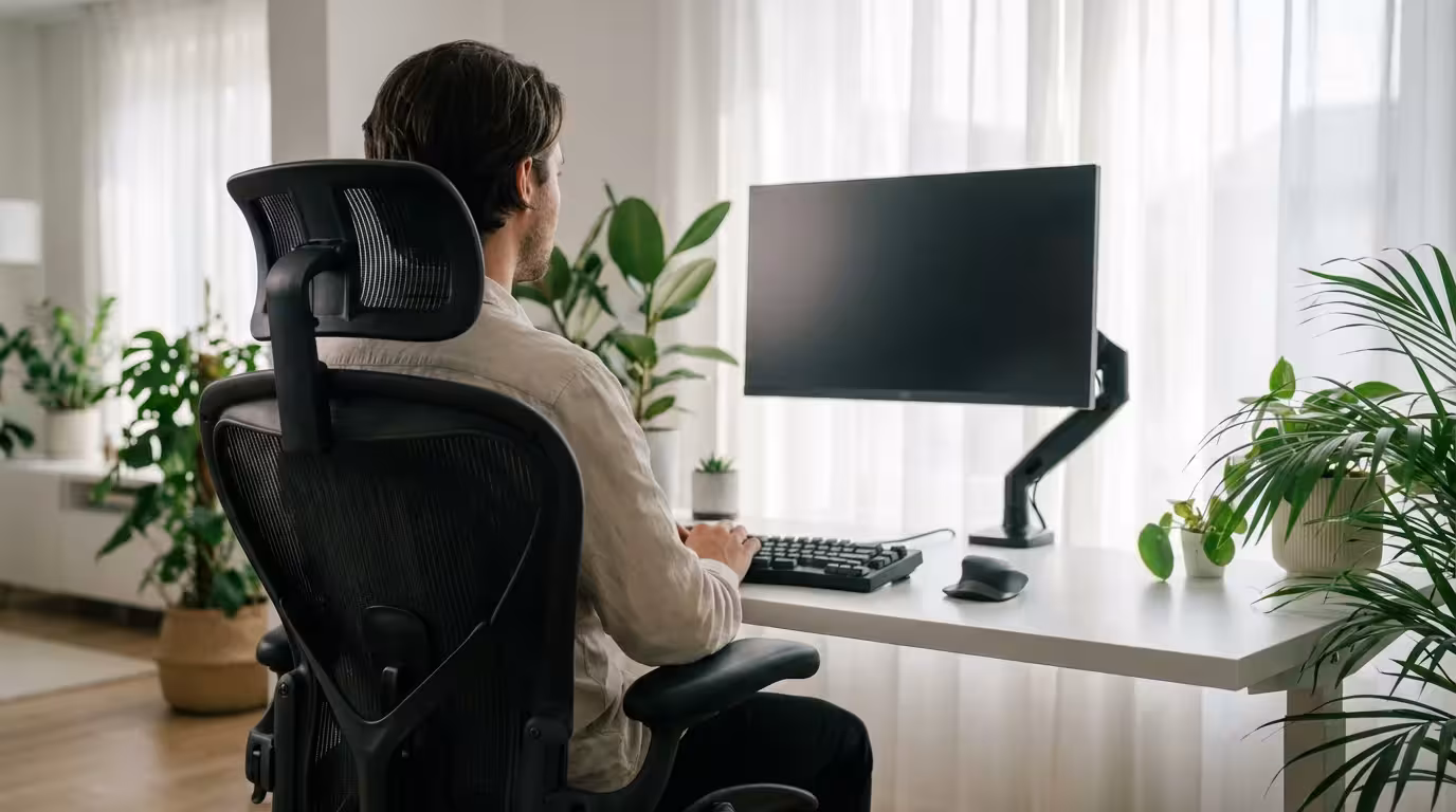 Person sitting in ergonomic chair at desk with plants in soft morning light.