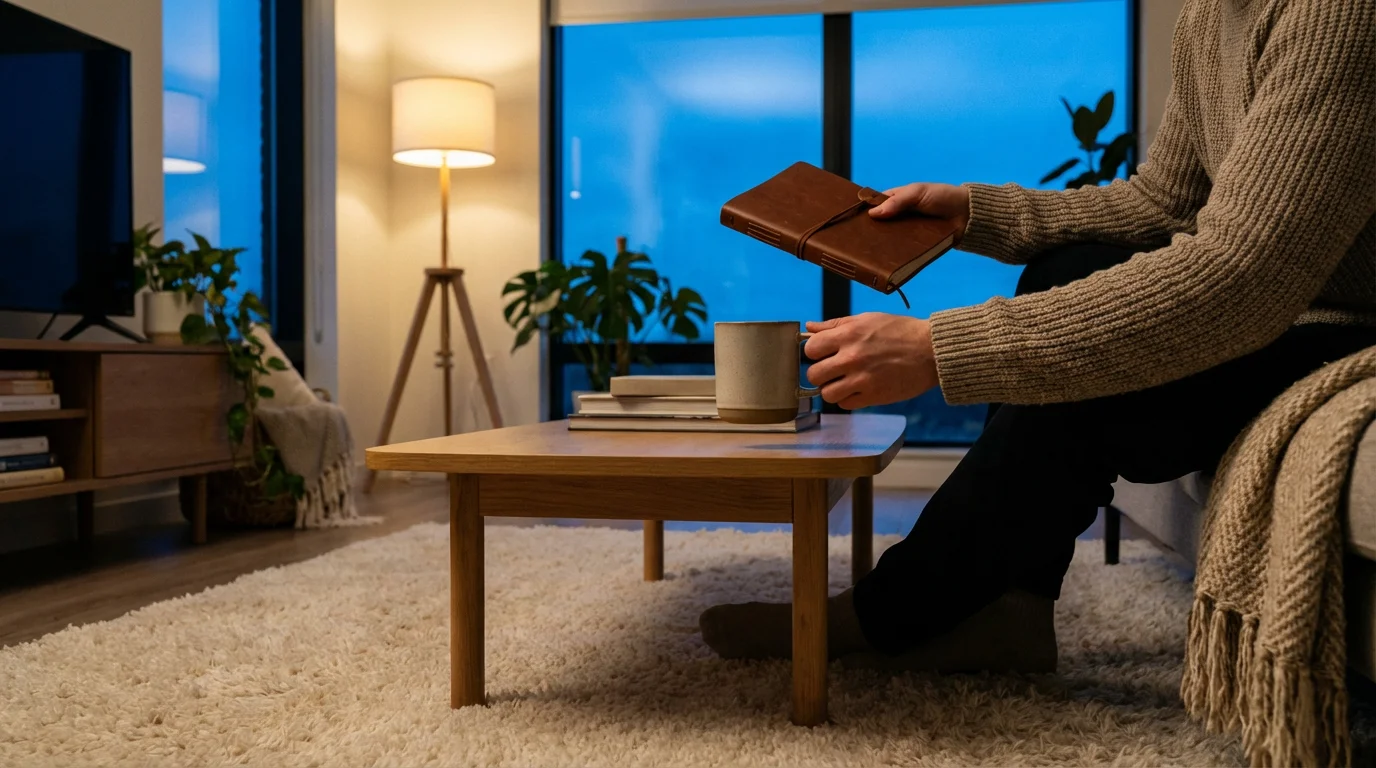 Person sitting in evening light reaching for a journal after finishing tea.