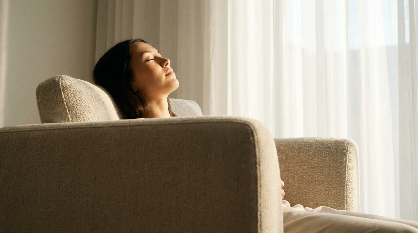 Person sitting near a window with eyes closed, practicing mindful listening in soft morning light.