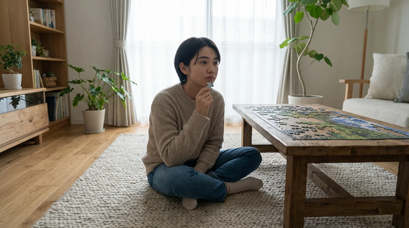 Person sitting on floor solving a jigsaw puzzle in a bright, tech-free living room