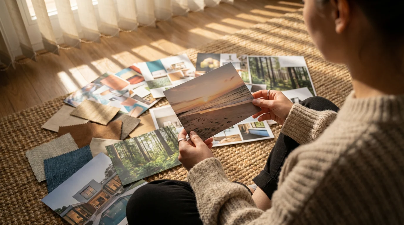 Person sitting on floor sorting photos and magazine clippings for a vision board.