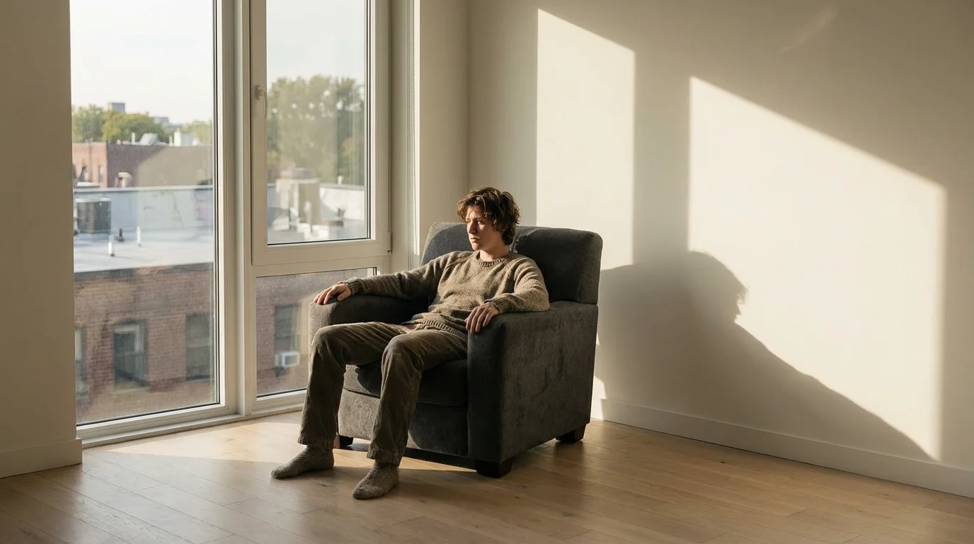 Person sitting still in an armchair by a window, lost in thought, highlighted by dramatic shadows.