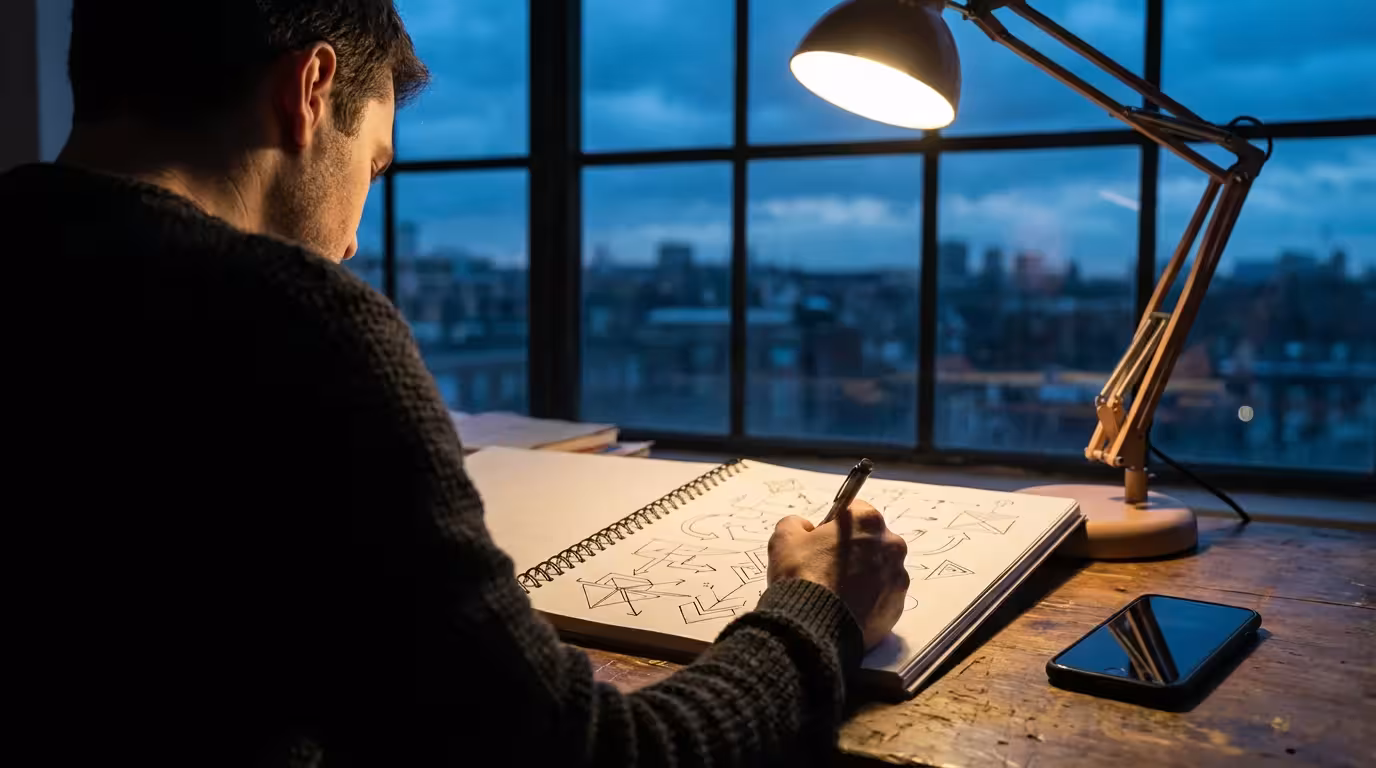 Person sketching abstract diagrams at a desk at night with a phone face down.