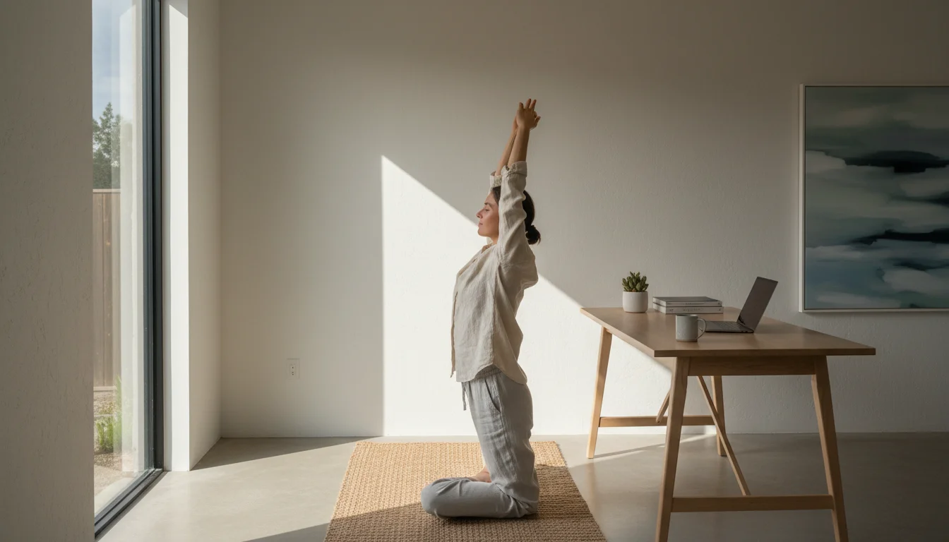 A person in smart casual clothes gently stretching or meditating in a sunlit, minimalist home office with a small plant and ceramic mug on a wooden de