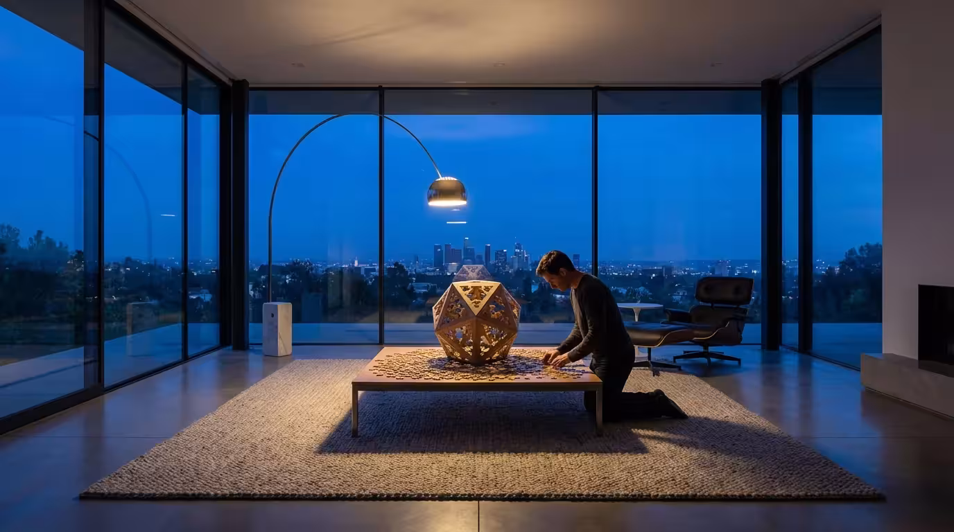 Person solving a complex puzzle in a modern living room during blue hour evening.