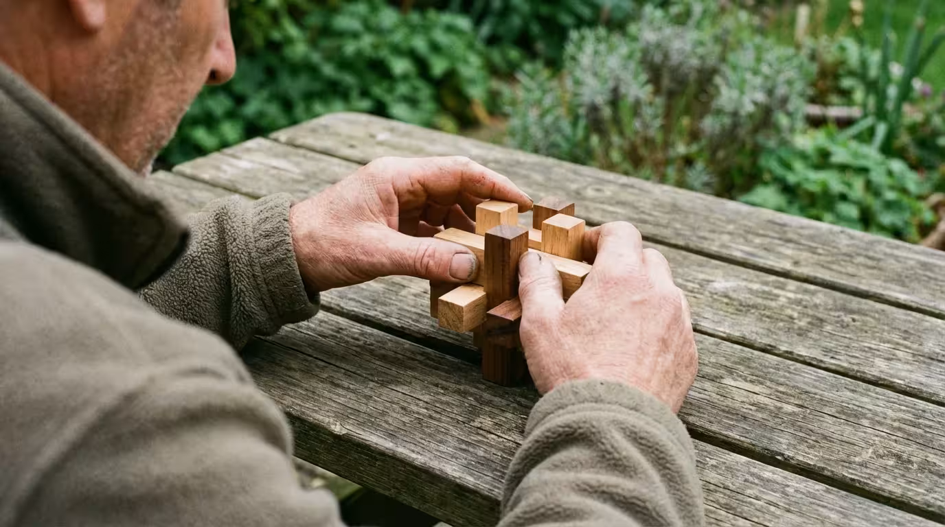 Person solving complex wooden puzzle outdoors representing cognitive challenges and adaptability.