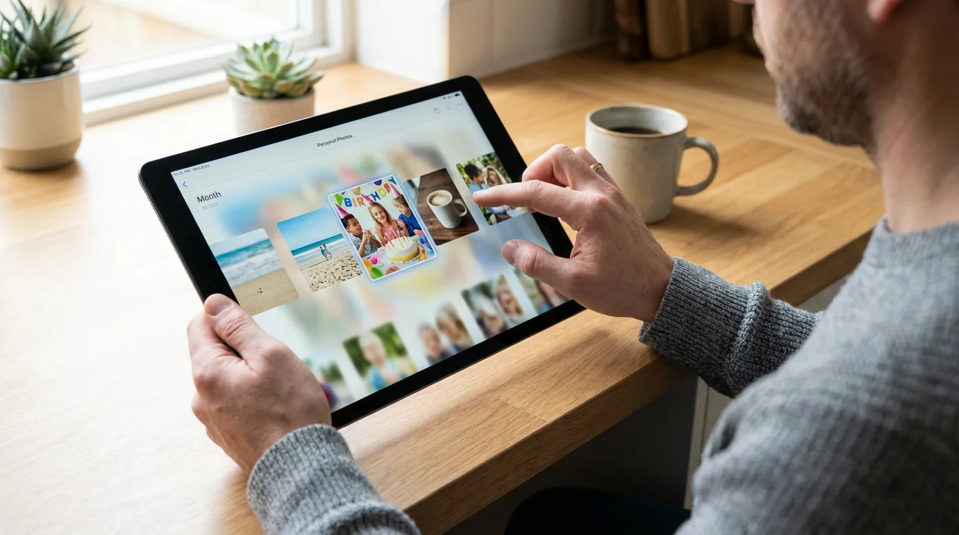 Person sorting digital photos on a tablet during a daily routine using natural window light.