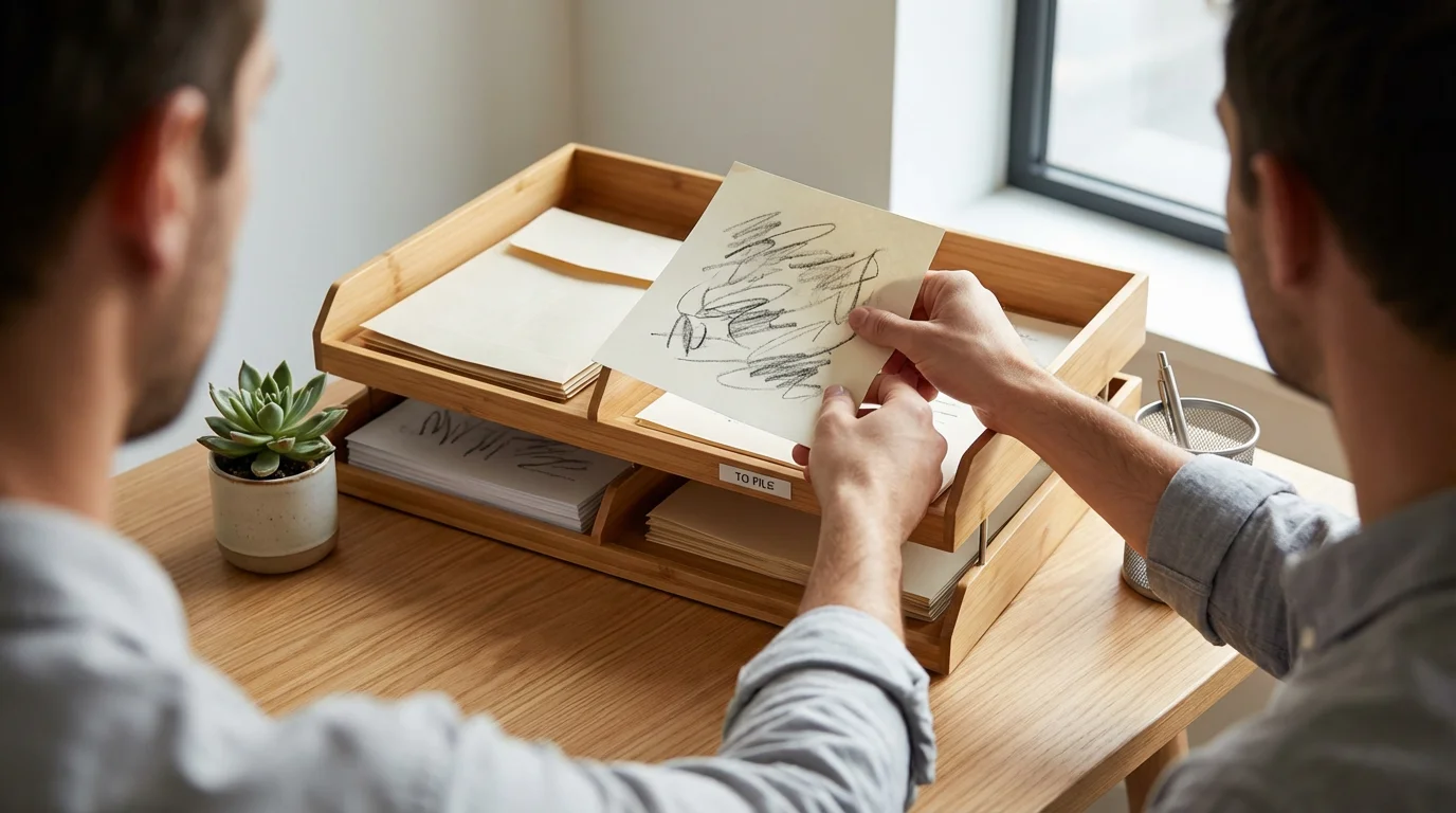 Person sorting physical mail into a file organizer at a clean desk.