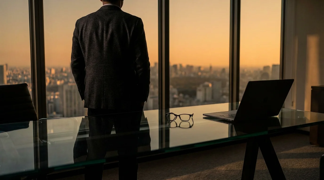 Person standing at an office window looking out with a closed laptop on the desk.