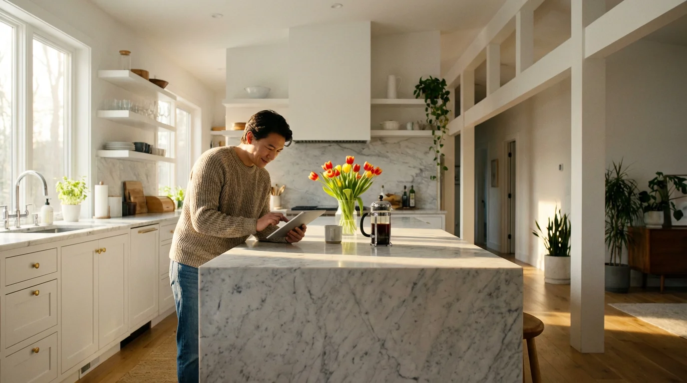 Person standing at kitchen island using tablet during morning light to demonstrate productivity.