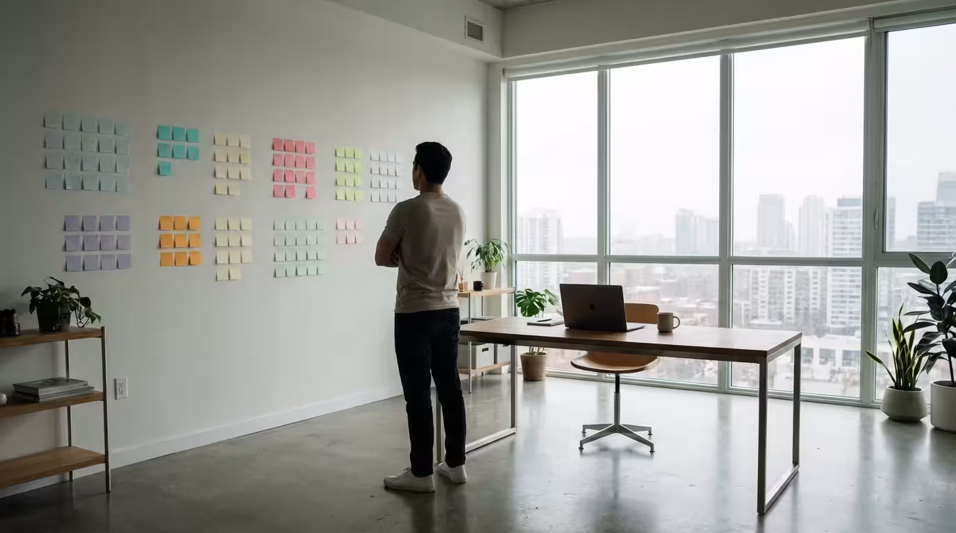 Person standing in a bright home office analyzing blank color-coded notes arranged on a wall.