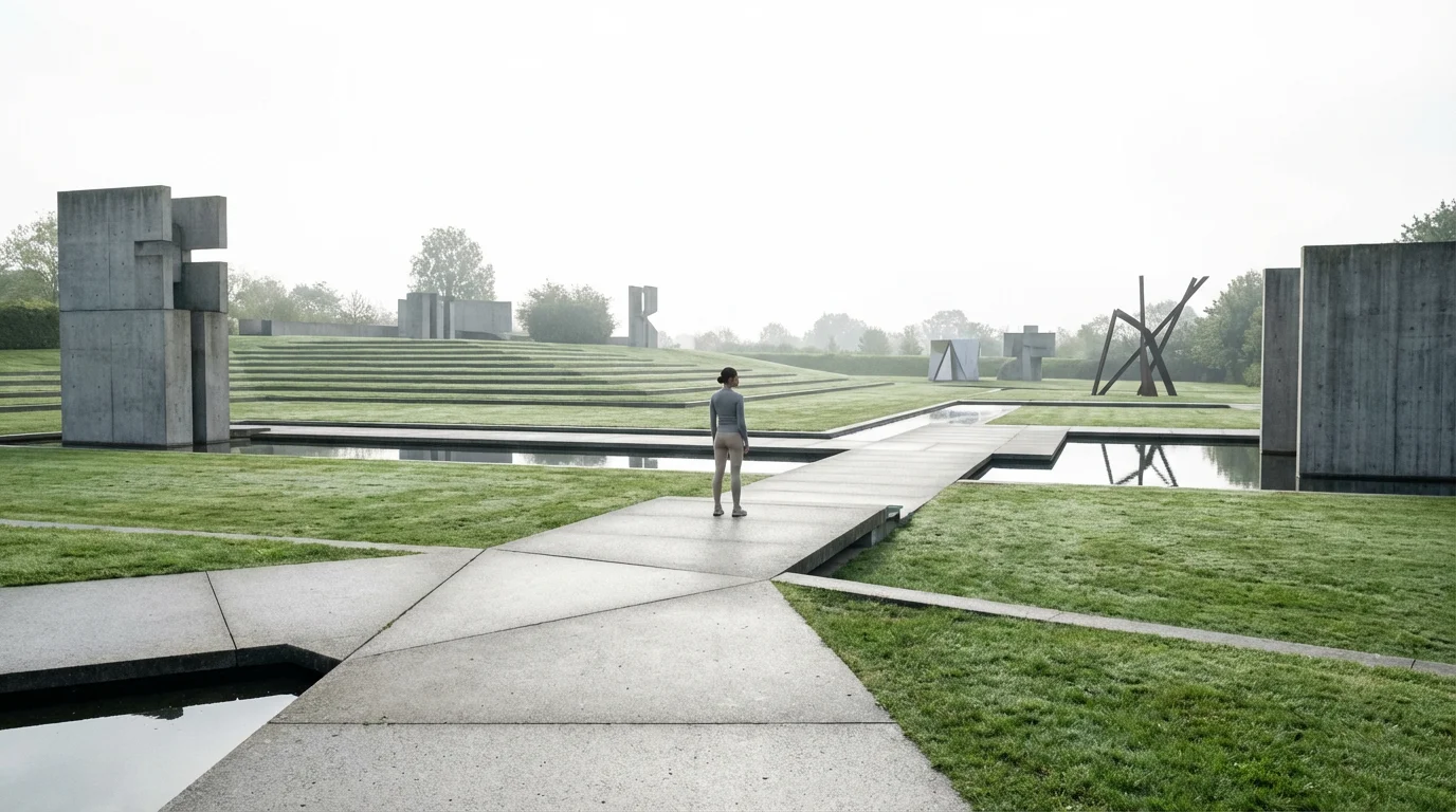 Person standing on a park pathway reflecting on their surroundings during a walk.