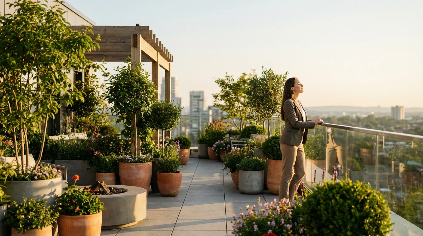 Person standing on a sunny rooftop terrace taking a mindful break during golden hour.