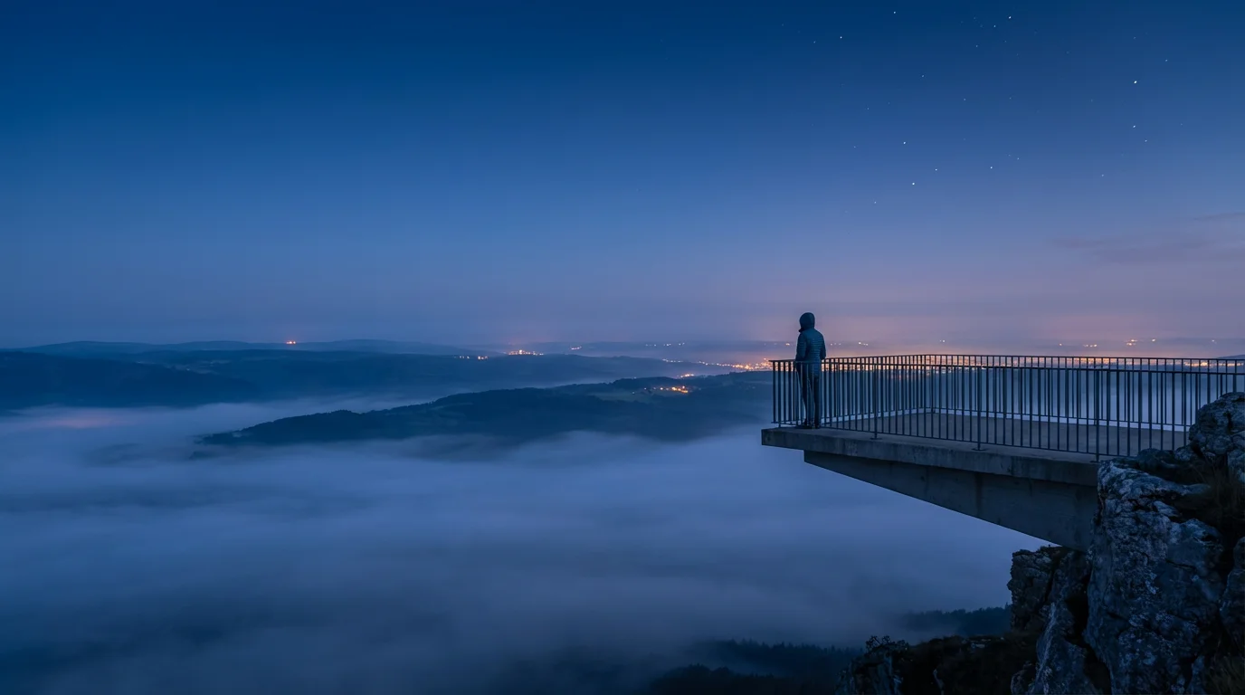 Person standing on high vantage point overlooking misty landscape during blue hour twilight.