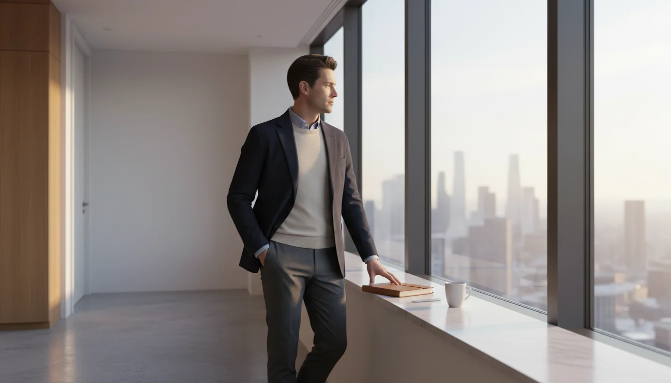 A person stands by a large window, looking out at a blurred city, with a notebook on the sill.