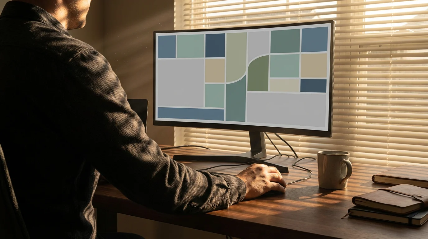 Person staring hesitantly at computer screen with abstract blocks in moody afternoon lighting.