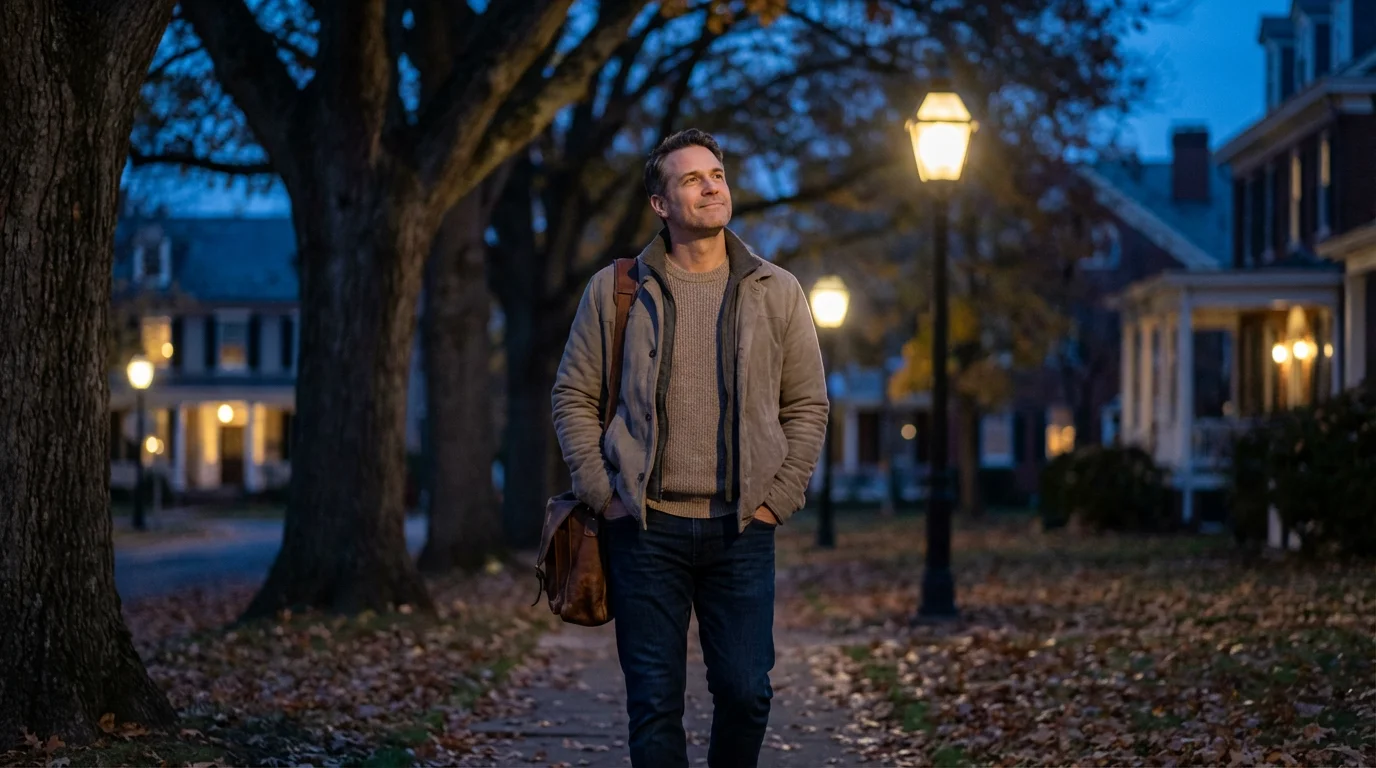Person taking a relaxing walk in a neighborhood during evening blue hour.