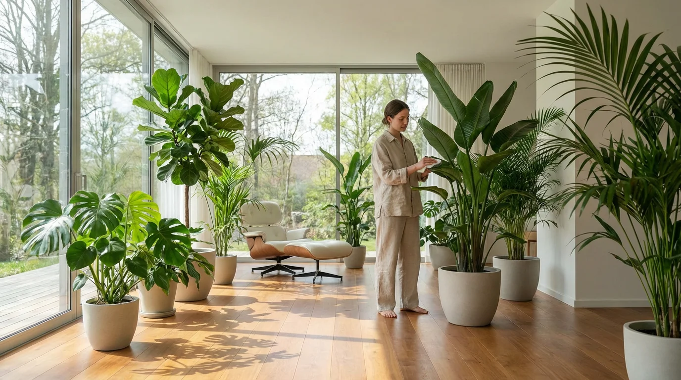 Person tending to large indoor plants in a sunlit modern room.