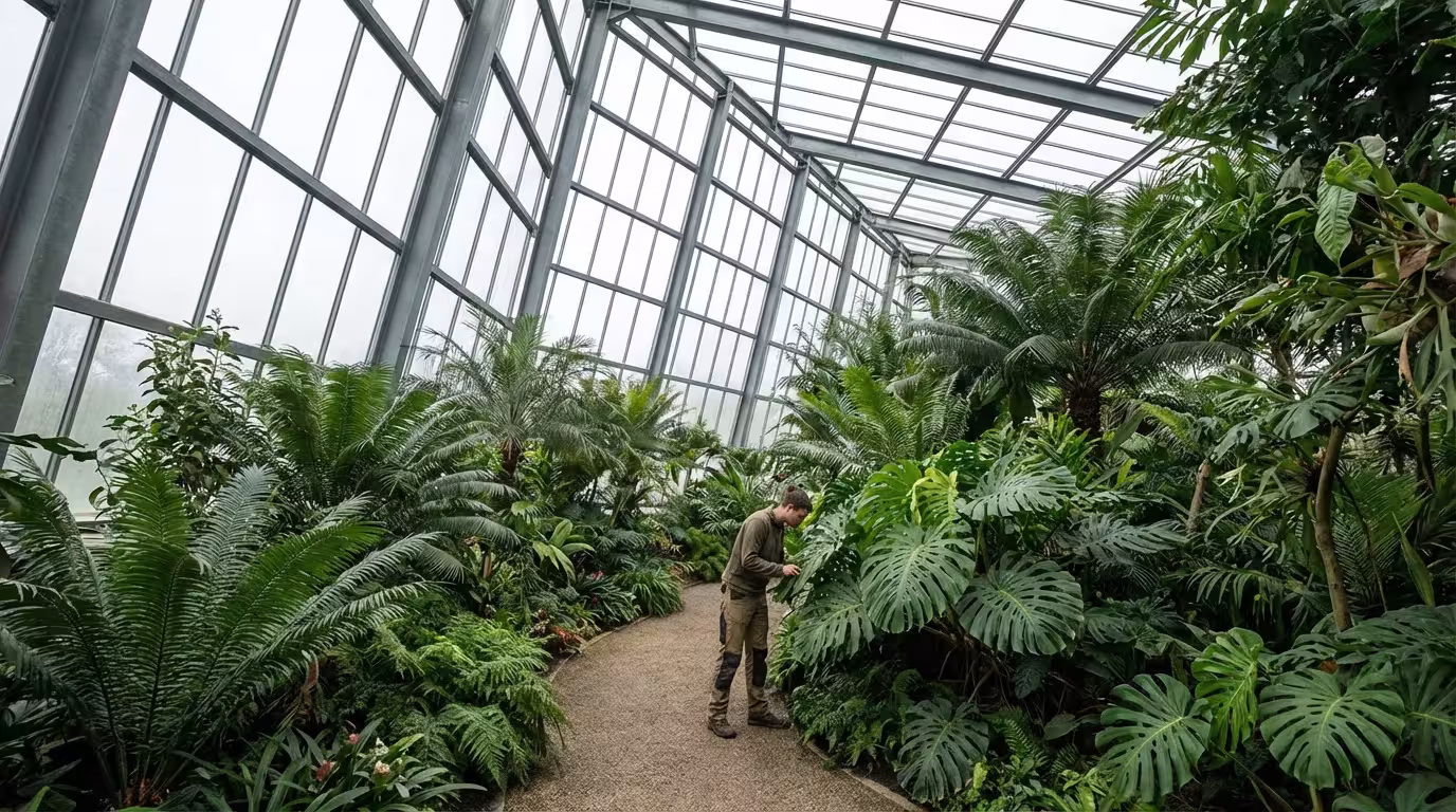 Person tending to lush plants in a modern glasshouse symbolizing continuous growth and maintenance.