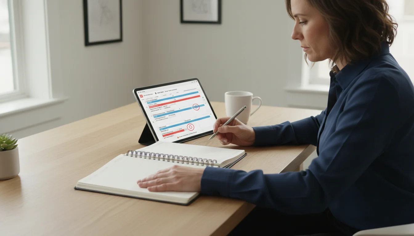 A person with a thoughtful expression sits at a minimalist desk, reviewing and adjusting a project plan in an open planner or tablet.